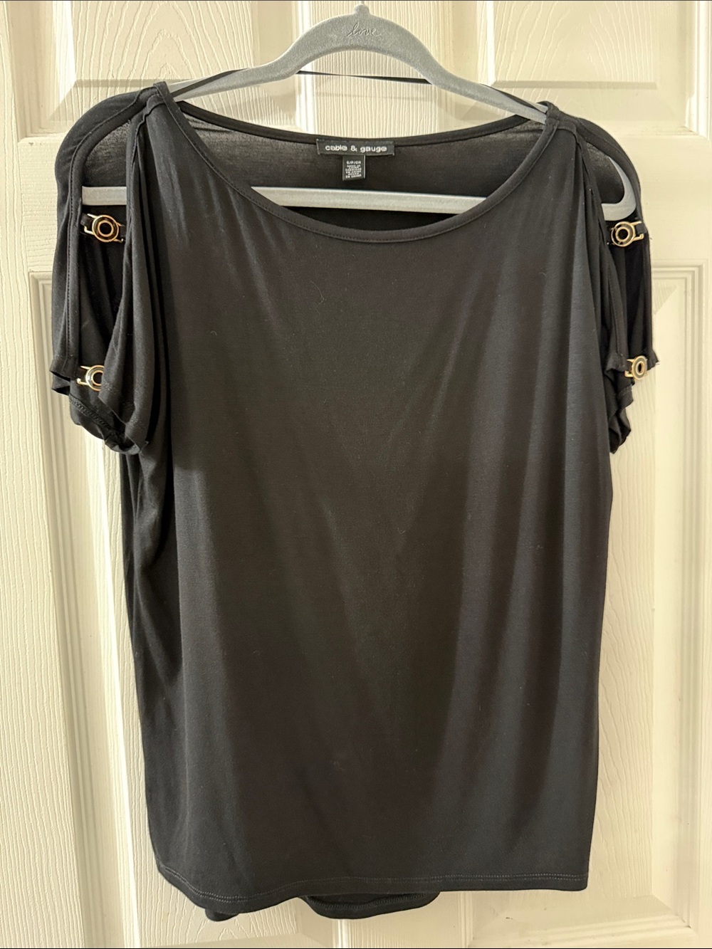 Cable & Gauge Black Short-Sleeve Cold-Shoulder Top with Gold Rings